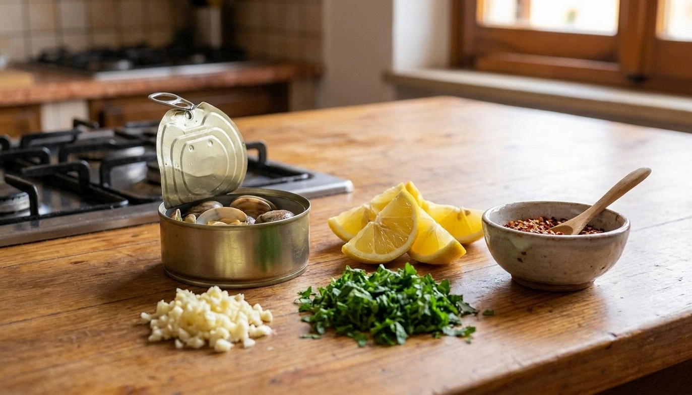 Canned clams, minced garlic, chopped parsley, lemon wedges, and a small bowl of red pepper flakes arranged on a kitchen counter