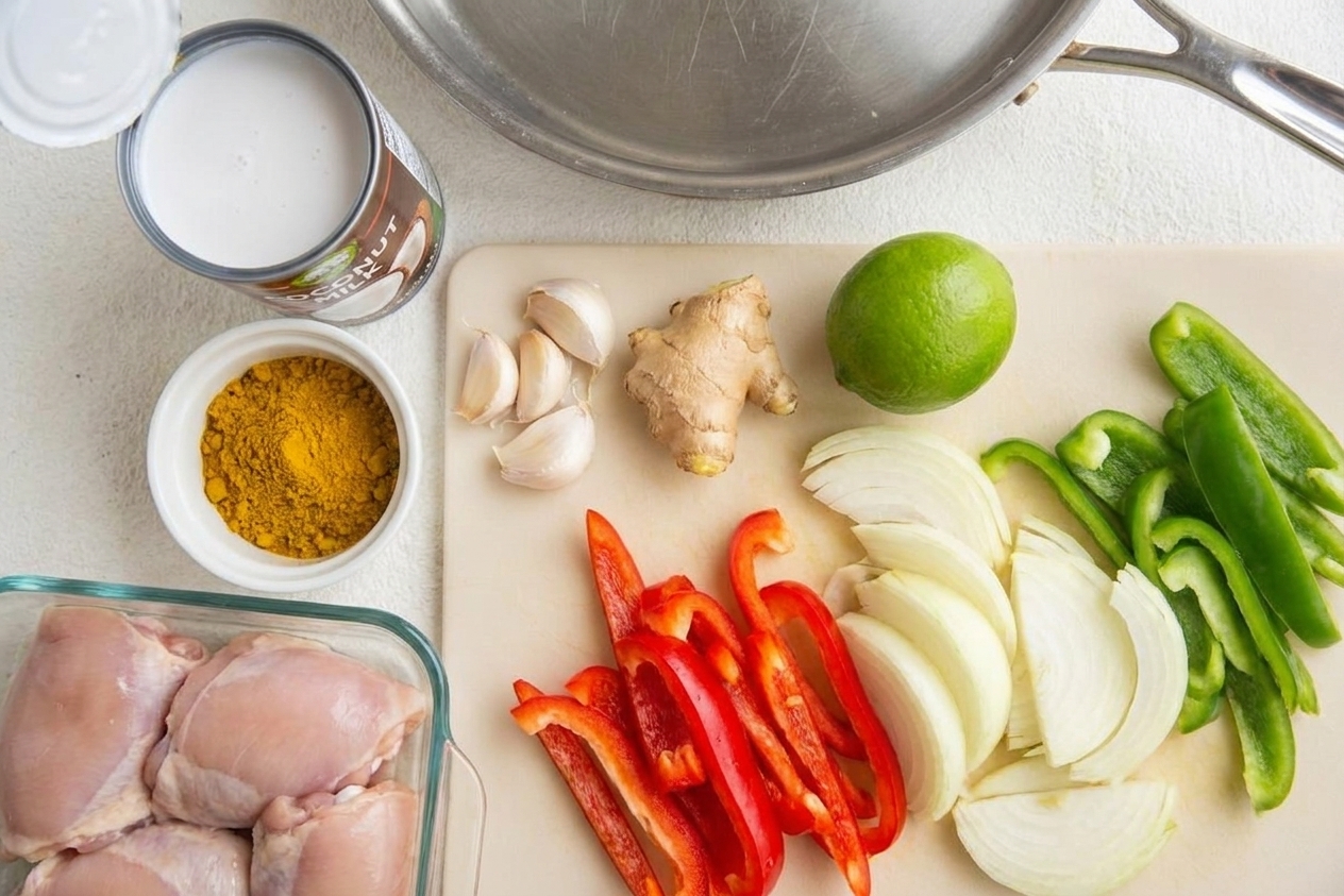 Canned coconut milk, curry powder, garlic, ginger, lime, chicken thighs, onion, and bell peppers arranged on a bright kitchen surface