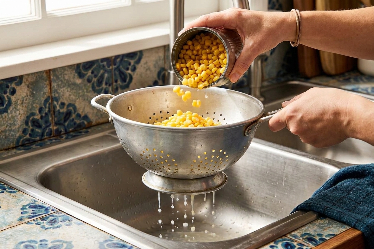 Canned corn being poured into a metal colander over a sink with droplets draining away