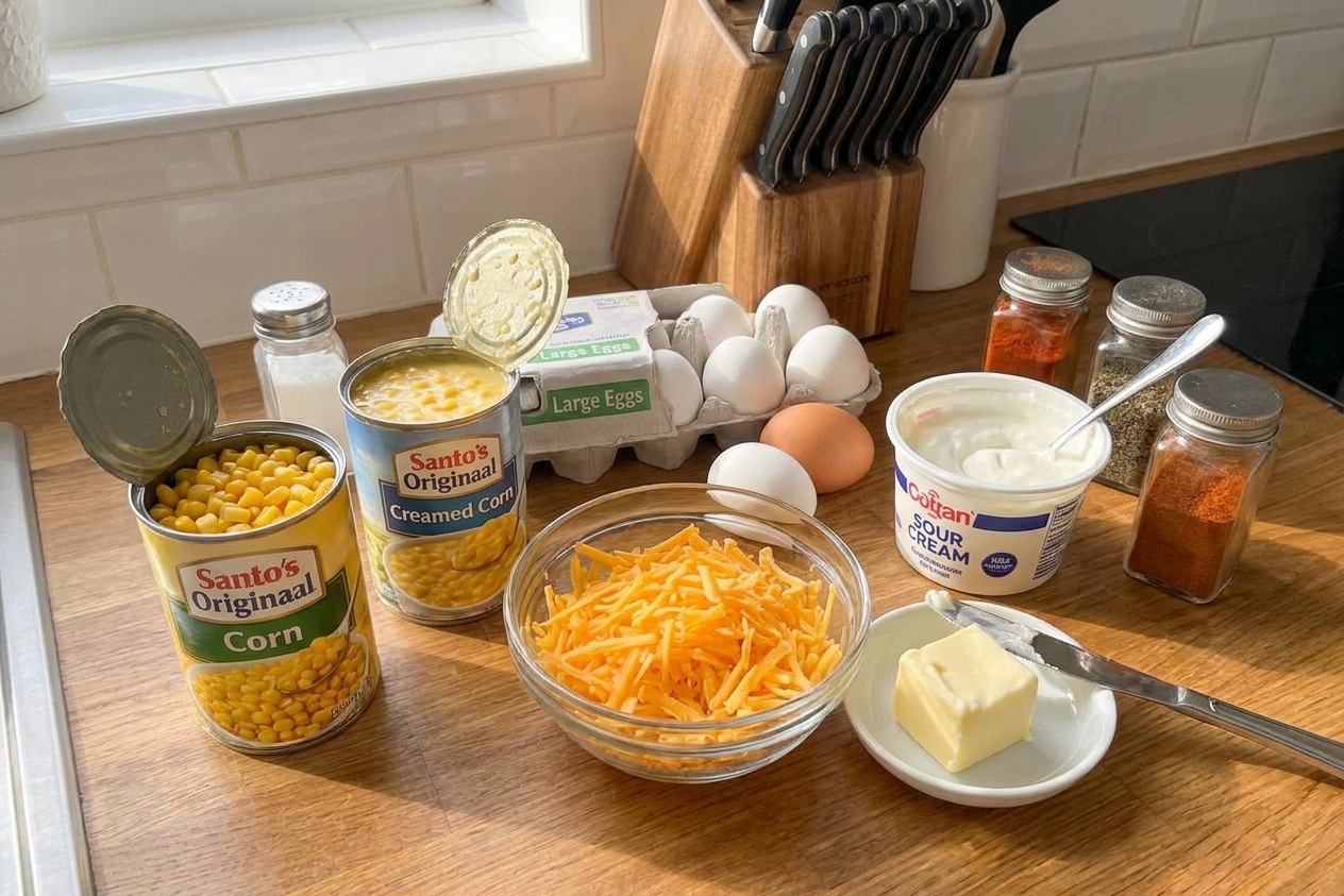 Canned corn, creamed corn, eggs, sour cream, shredded cheddar, butter, and spices arranged on a clean kitchen counter in consistent warm lighting