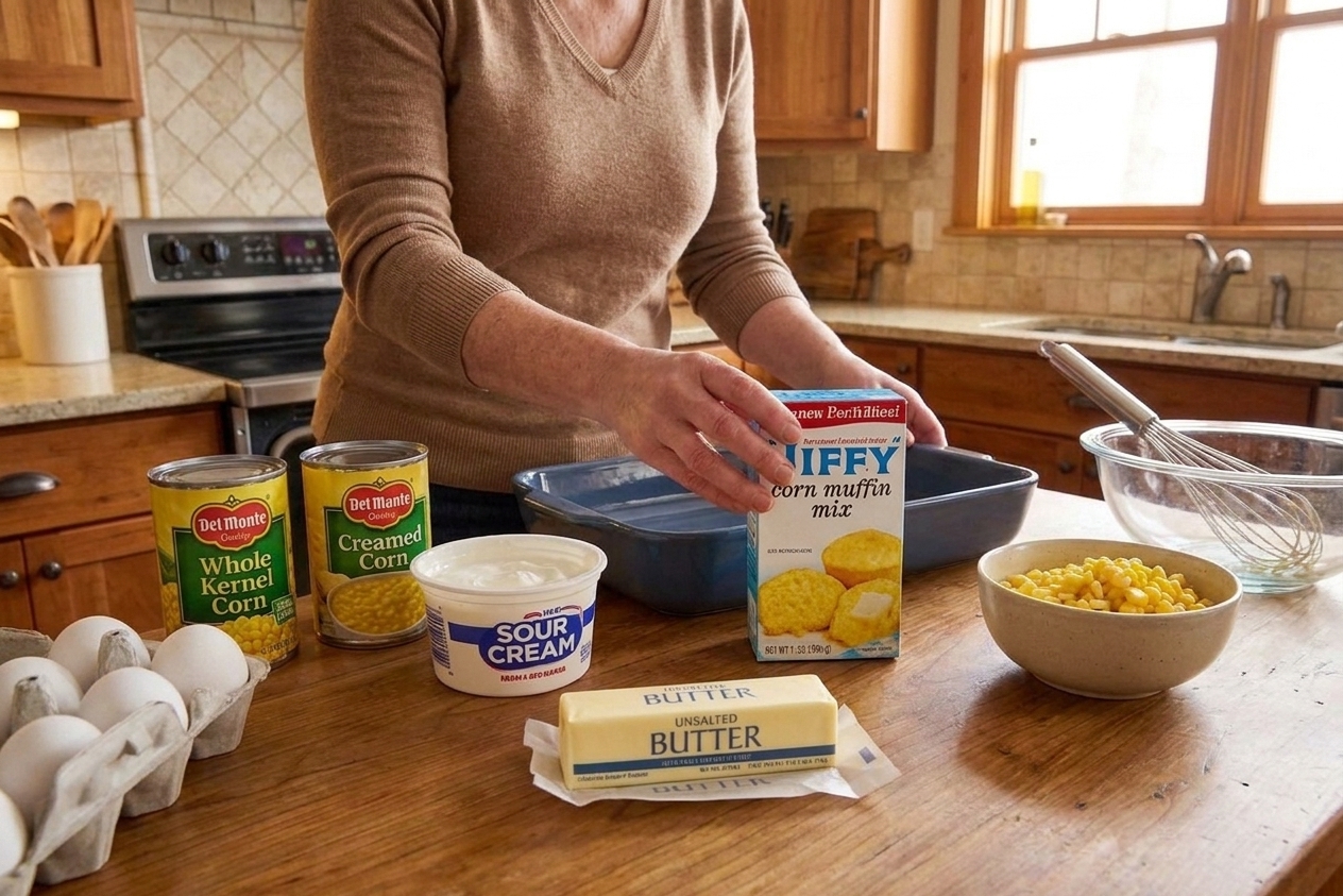 Canned corn, creamed corn, sour cream, eggs, butter, and corn muffin mix arranged on a tidy kitchen counter with warm light