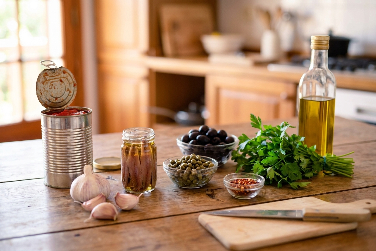 Canned crushed tomatoes, garlic cloves, anchovy fillets, capers, black olives, parsley, red pepper flakes, and olive oil arranged on a clean kitchen counter