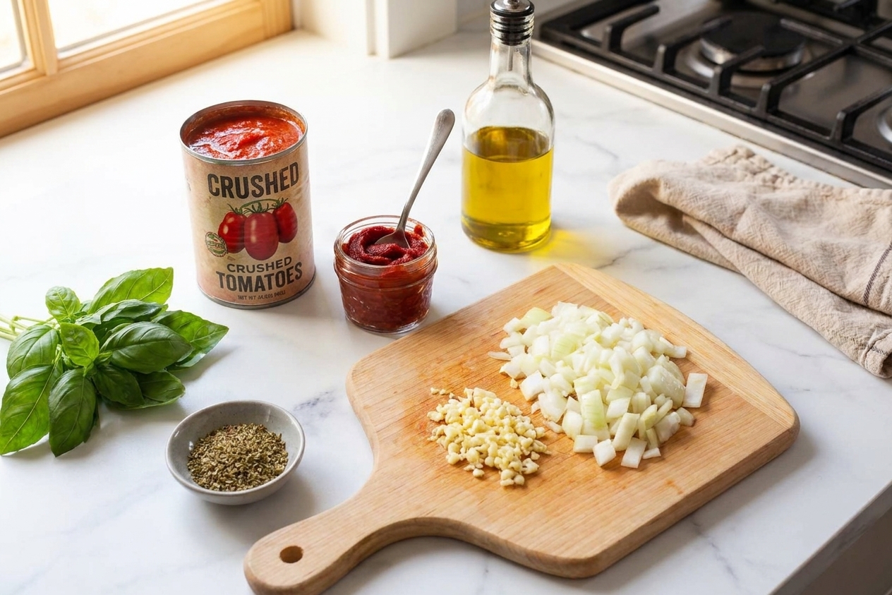 Canned crushed tomatoes, tomato paste, garlic, onion, olive oil, dried oregano, and basil arranged on a clean kitchen counter in warm natural light