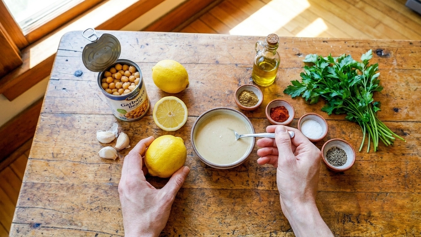 Canned garbanzo beans, tahini, lemons, garlic, olive oil, cumin, paprika, salt, pepper, and fresh parsley arranged on a kitchen counter
