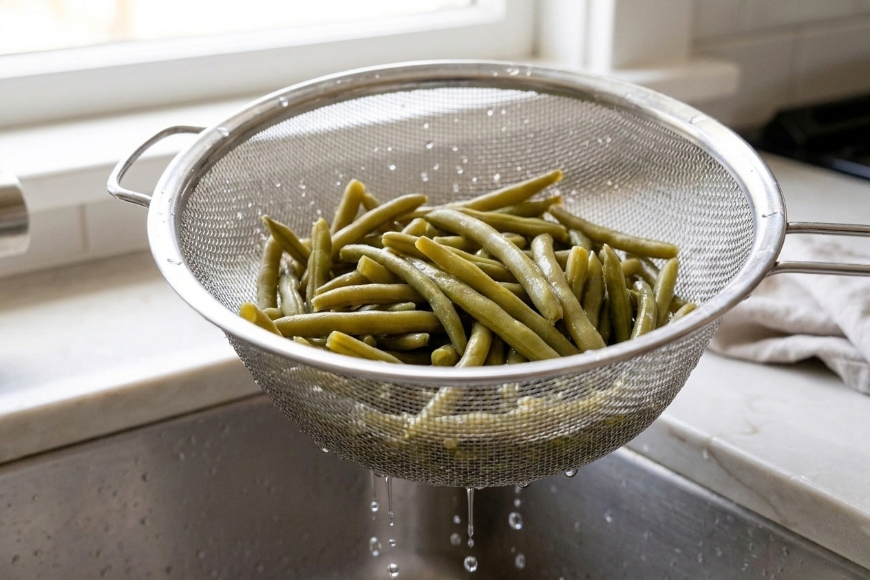 Canned green beans draining in a metal colander over a sink, with droplets of water visible and a clean kitchen setup
