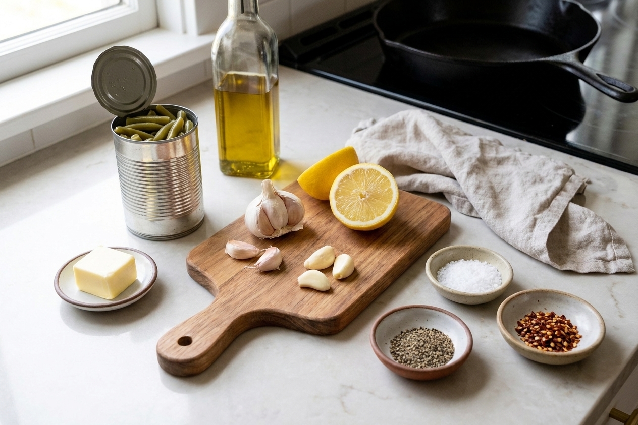Canned green beans, garlic cloves, lemon, butter, olive oil, salt, pepper, and red pepper flakes arranged on a clean kitchen counter with a small cutting board