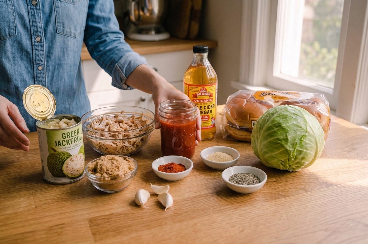 Canned green jackfruit, BBQ sauce ingredients, spices, buns, and cabbage arranged on a clean kitchen counter under soft natural light