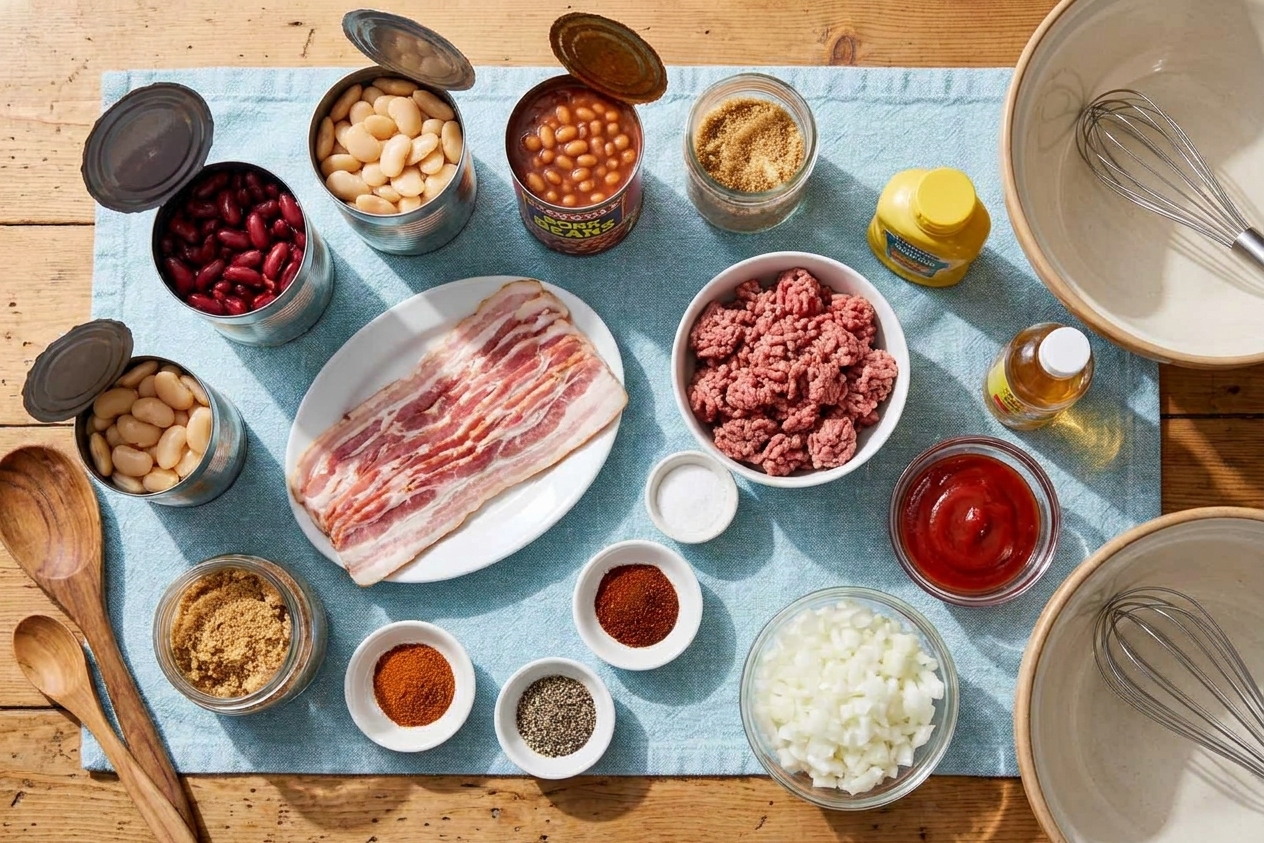 Canned kidney beans, canned butter beans, a can of pork and beans, raw bacon, ground beef, onion, ketchup, brown sugar, mustard, vinegar, and spices laid out on a kitchen counter ready for cooking