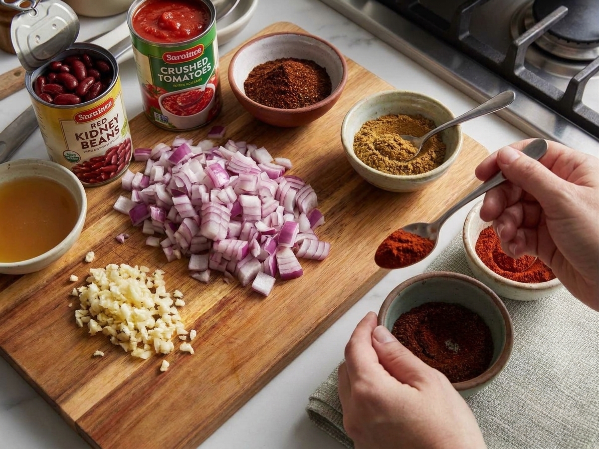 Canned kidney beans, crushed tomatoes, onion, garlic, chili powder, cumin, smoked paprika, and broth arranged on a bright kitchen counter