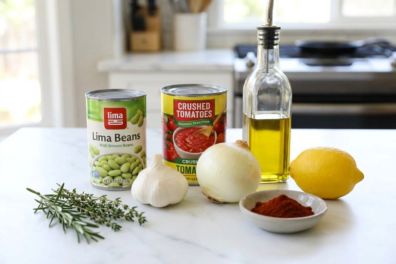 Canned lima beans, a can of crushed tomatoes, garlic, onion, olive oil, lemon, smoked paprika, and herbs arranged on a light kitchen counter