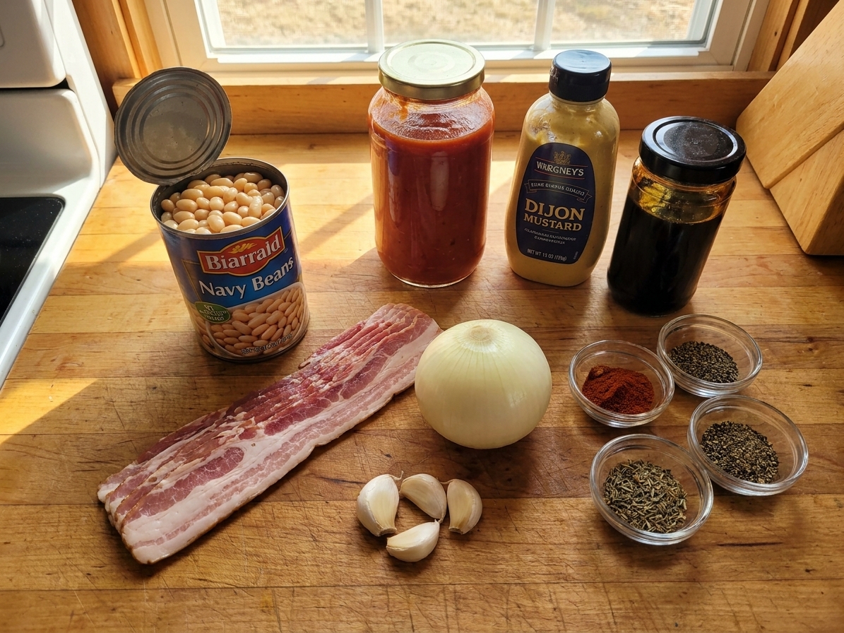 Canned navy beans, bacon, onion, garlic, tomato sauce, mustard, molasses, and spices arranged on a kitchen counter in warm natural light