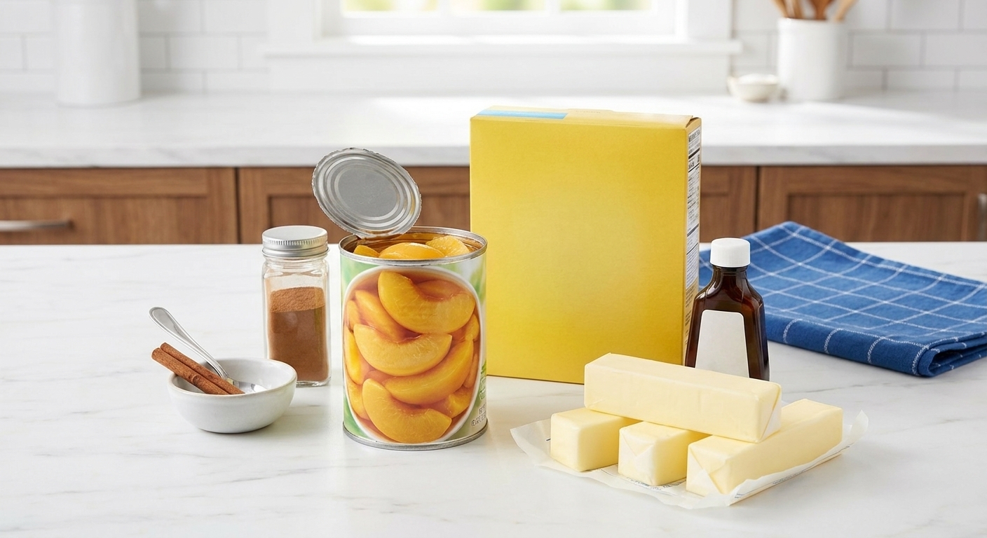 Canned peach slices, a box of yellow cake mix, sticks of butter, cinnamon, and vanilla arranged on a bright kitchen counter