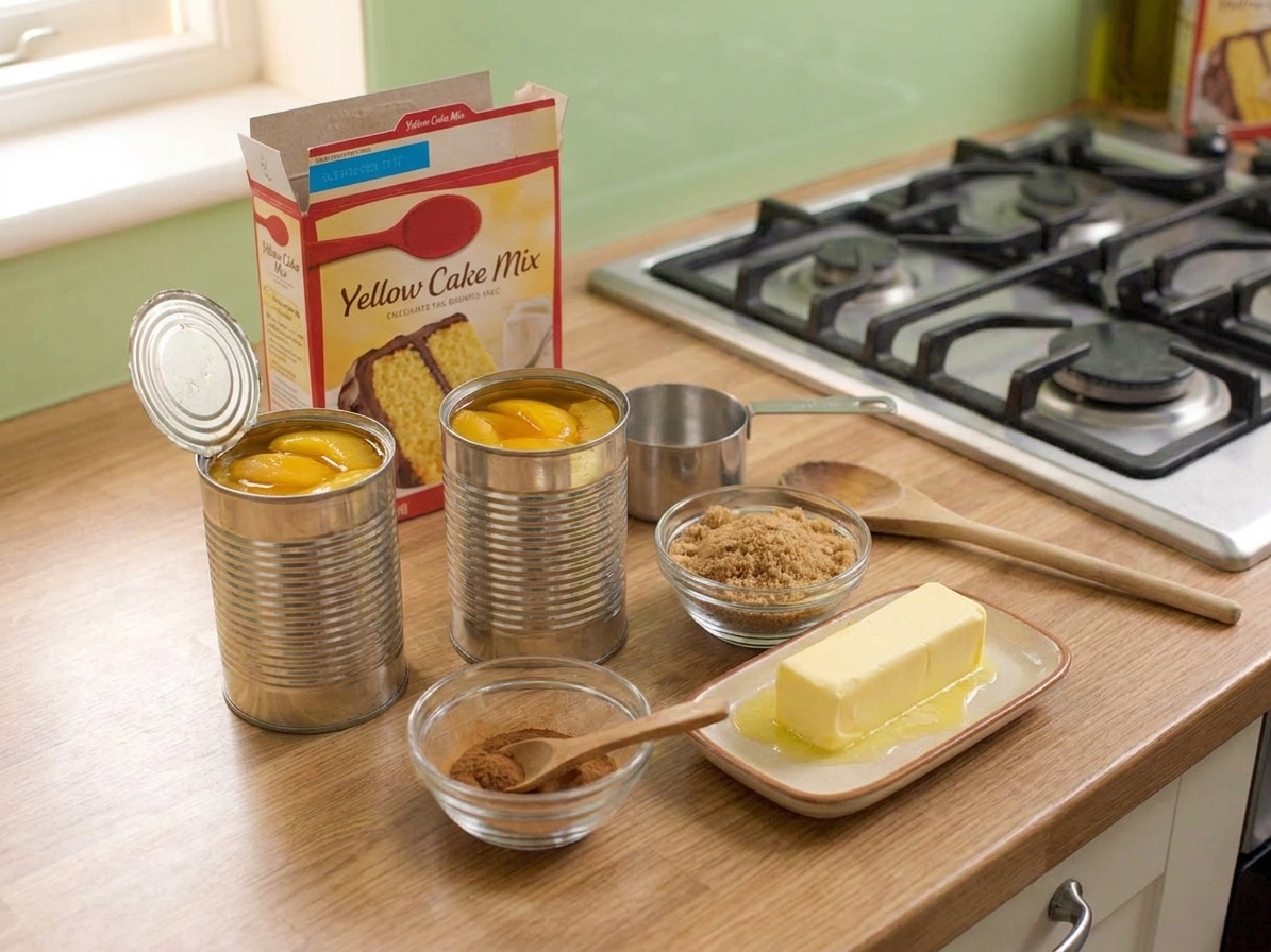 Canned peaches, a box of yellow cake mix, butter, cinnamon, and brown sugar arranged on a kitchen counter in warm natural light