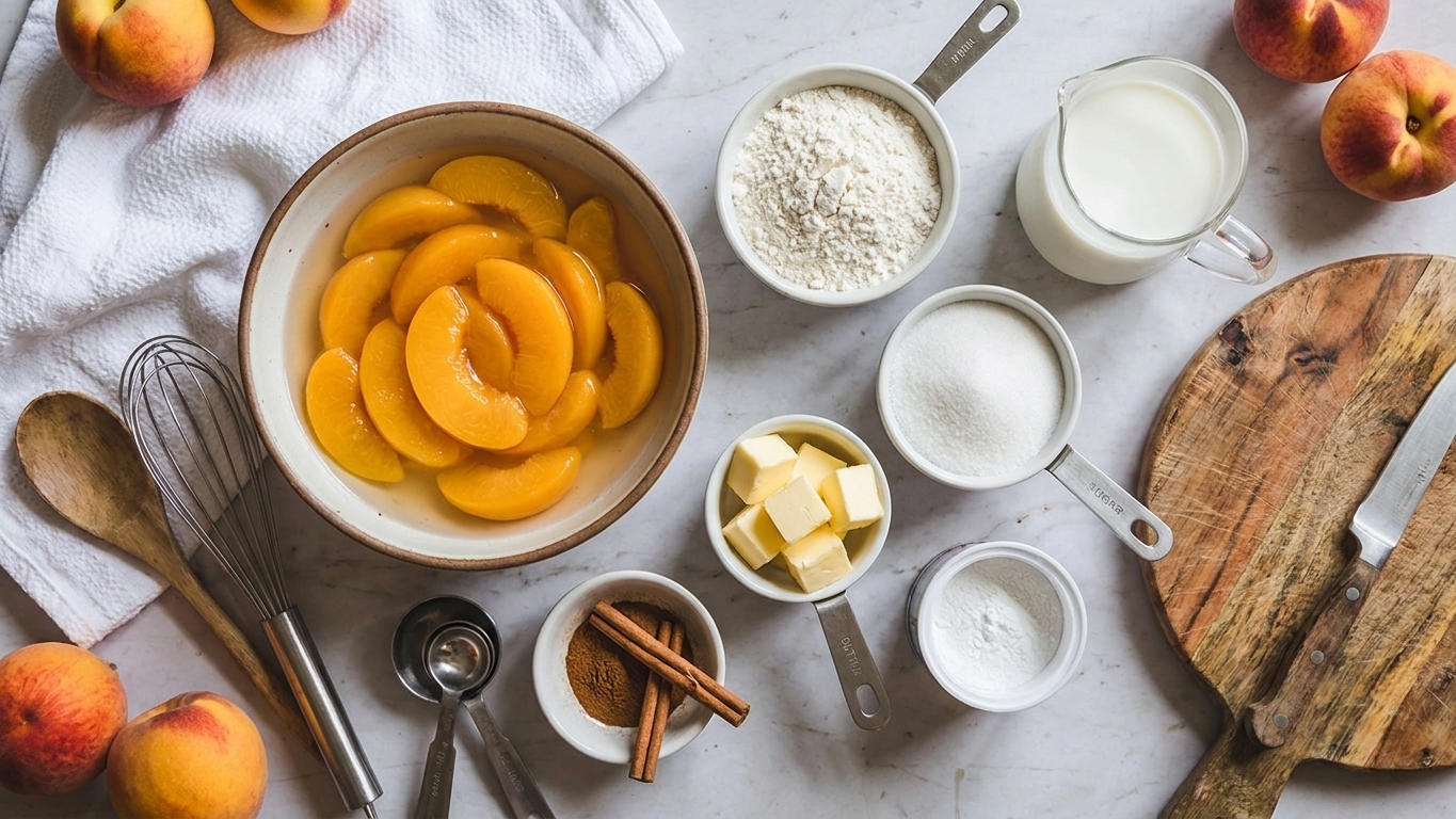 Canned peaches, flour, sugar, butter, milk, cinnamon, and baking powder set out on a kitchen counter