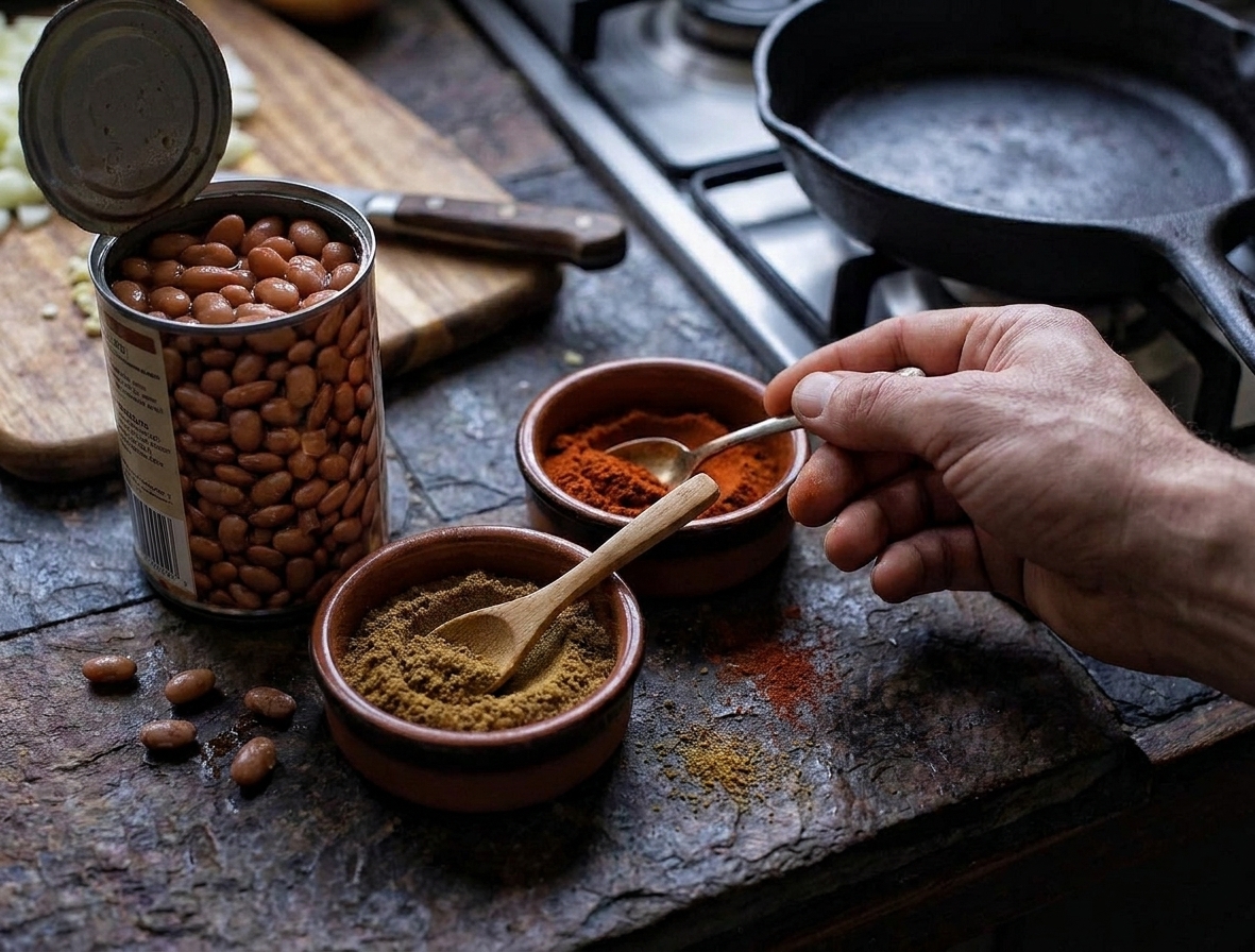 Canned pinto beans and small bowls of cumin and smoked paprika on a kitchen counter