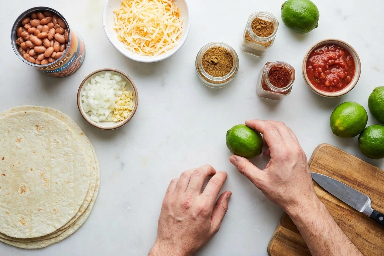 Canned pinto beans, tortillas, shredded cheese, onion, garlic, cumin, chili powder, salsa, and limes arranged on a bright kitchen counter