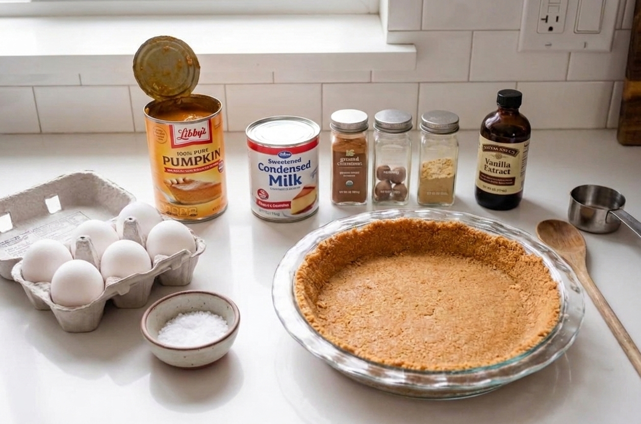 Canned pumpkin, condensed milk, eggs, spices, and a pie dish set out on a kitchen counter, ready for mixing