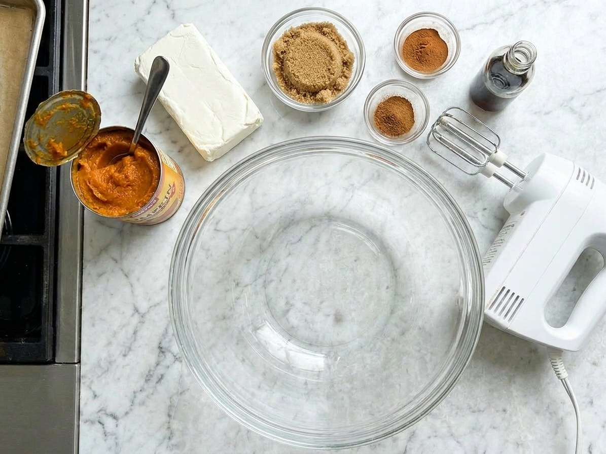 Canned pumpkin, cream cheese, brown sugar, vanilla, cinnamon, and a small bowl of pumpkin pie spice arranged on a clean kitchen counter in soft daylight