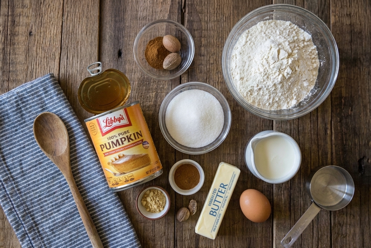 Canned pumpkin, flour, sugar, butter, cream, egg, and spices arranged on a light kitchen counter