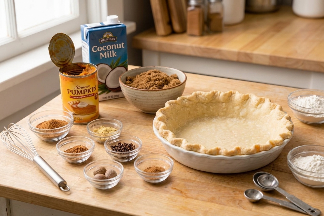 Canned pumpkin puree, coconut milk, brown sugar, spices, and a pie crust arranged on a bright kitchen counter, ready for baking