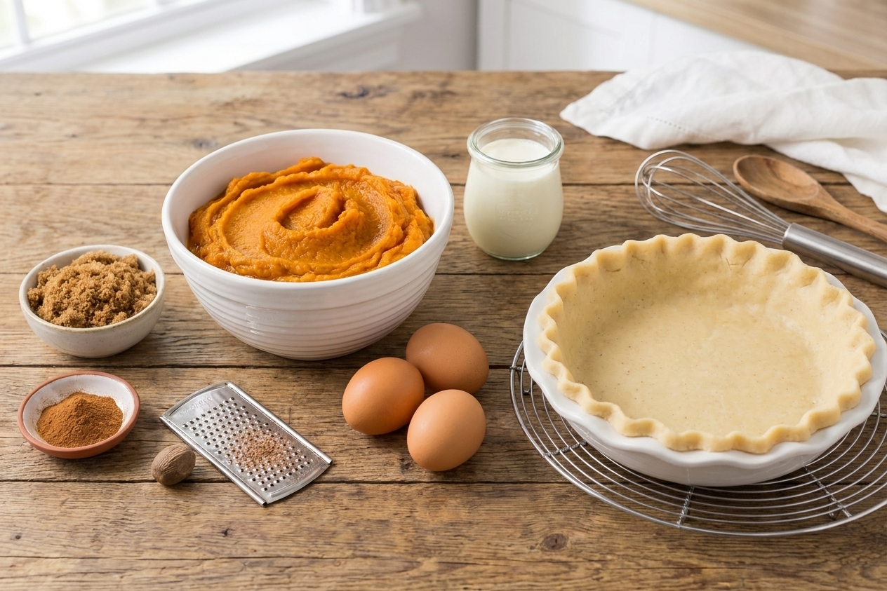 Canned pumpkin puree, eggs, brown sugar, cream, spices, and an unbaked pie crust arranged on a warm kitchen counter
