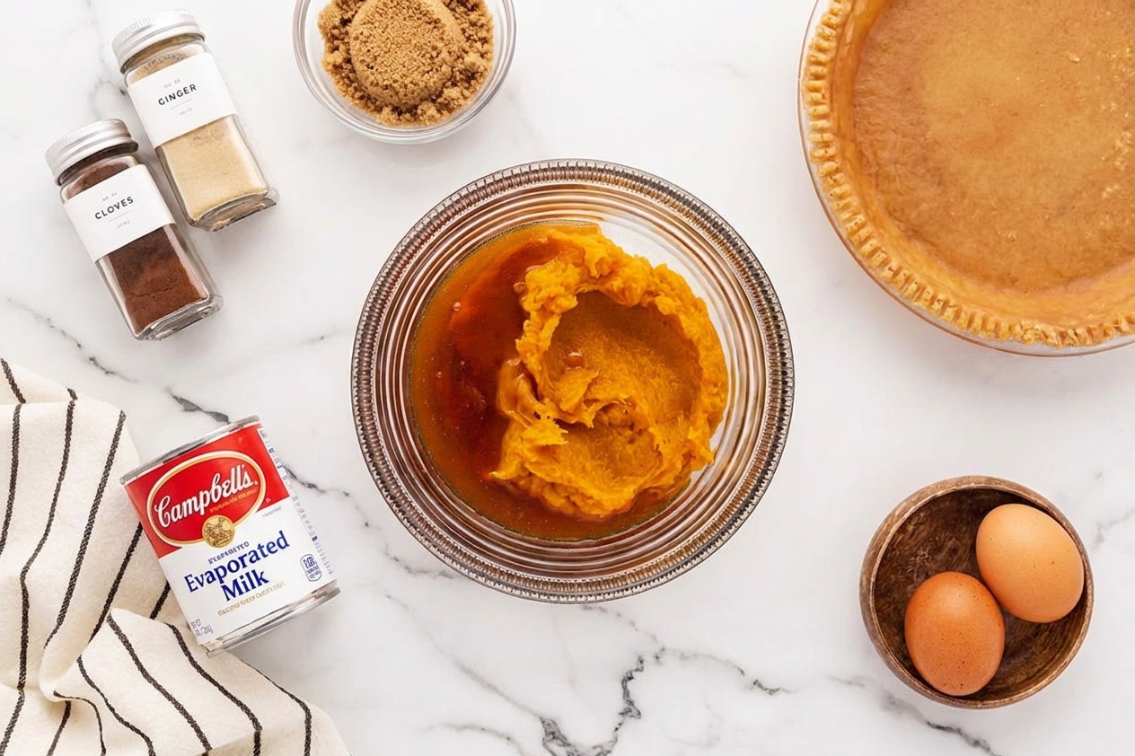 Canned pumpkin puree, eggs, brown sugar, spices, and a can of evaporated milk arranged on a kitchen counter ready for baking