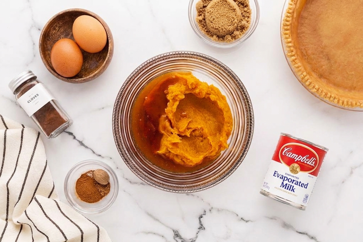 Canned pumpkin puree, eggs, brown sugar, spices, and a can of evaporated milk arranged on a kitchen counter ready for baking