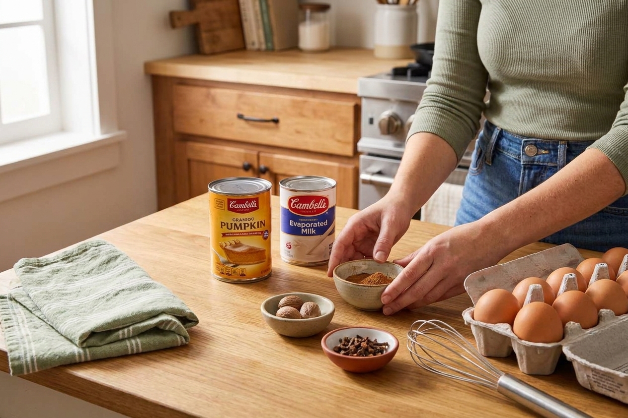 Canned pumpkin puree, evaporated milk, eggs, and warm spices arranged on a tidy kitchen counter with a whisk nearby