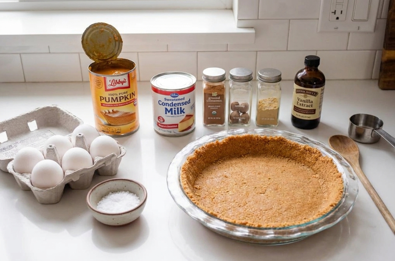 Canned pumpkin, sweetened condensed milk, eggs, ground spices, salt, vanilla, and an unbaked pie crust arranged on a bright kitchen counter