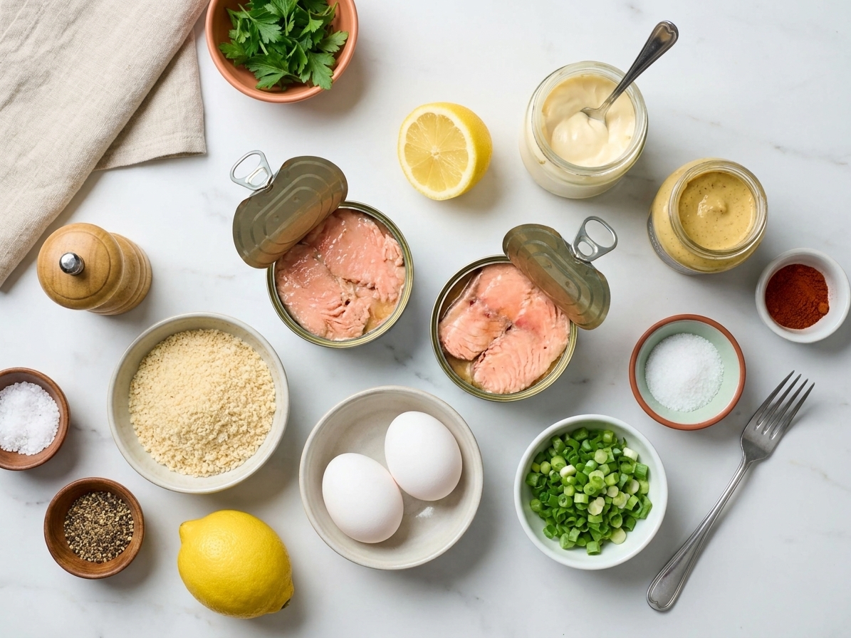 Canned salmon, breadcrumbs, eggs, lemon, mayonnaise, Dijon mustard, green onions, and seasonings arranged on a clean kitchen counter