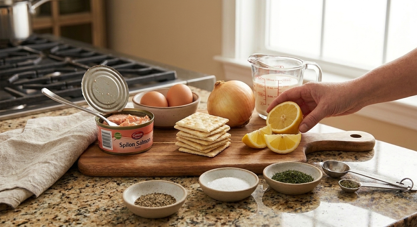 Canned salmon, eggs, crackers, onion, lemon, milk, and seasonings arranged on a bright kitchen counter