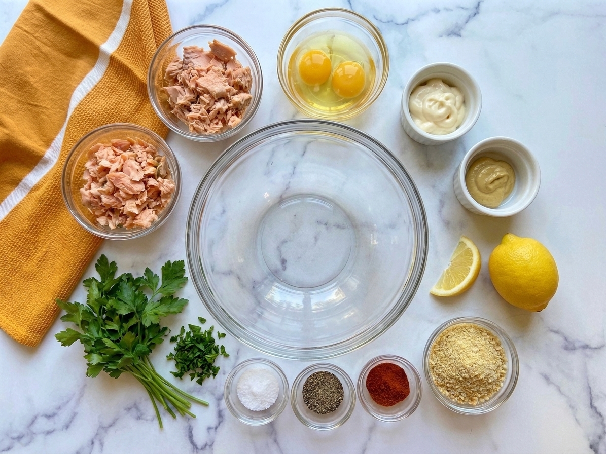 Canned salmon, eggs, mayonnaise, Dijon mustard, lemon, breadcrumbs, parsley, and seasonings arranged on a kitchen counter with a mixing bowl.