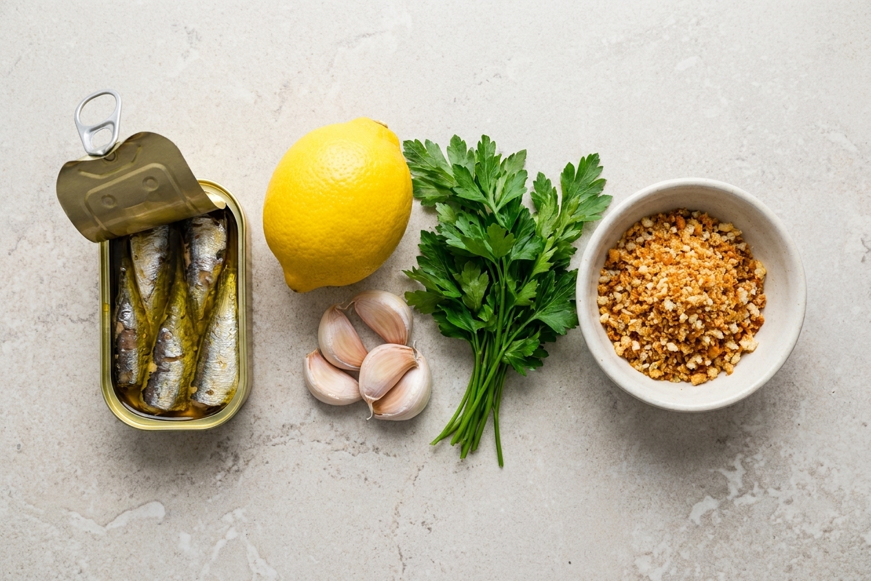 Canned sardines, a lemon, garlic cloves, parsley, and a small bowl of breadcrumbs arranged on a tidy kitchen counter