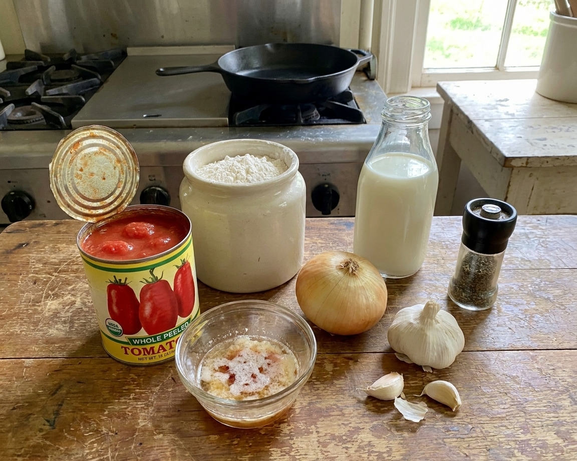 Canned tomatoes, flour, milk, onion, garlic, black pepper, and a small bowl of bacon drippings arranged on a kitchen counter