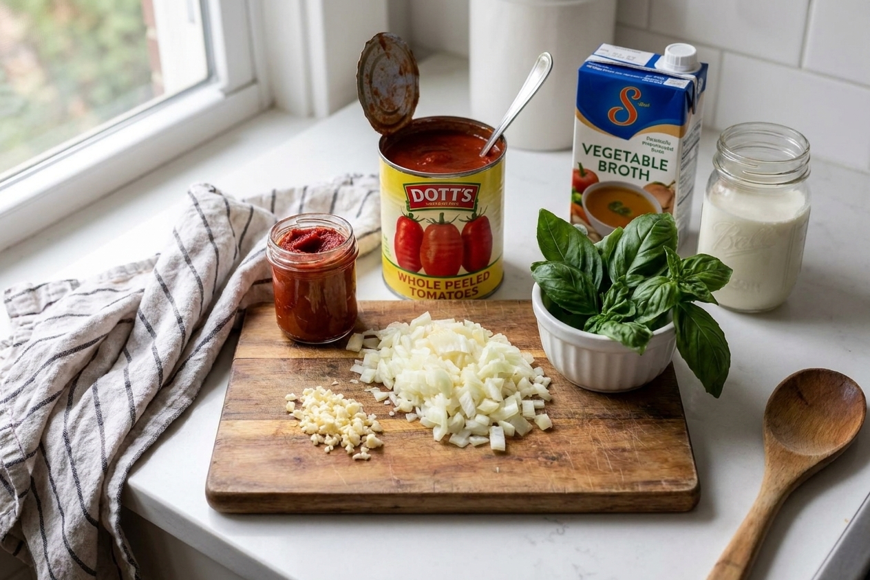 Canned tomatoes, onion, garlic, tomato paste, basil, cream, and broth arranged on a bright kitchen counter