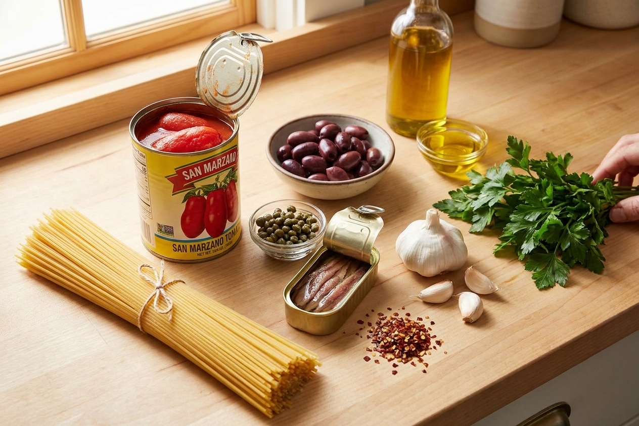 Canned tomatoes, spaghetti, garlic, anchovy fillets, capers, Kalamata olives, parsley, olive oil, and red pepper flakes arranged on a tidy kitchen counter in warm light