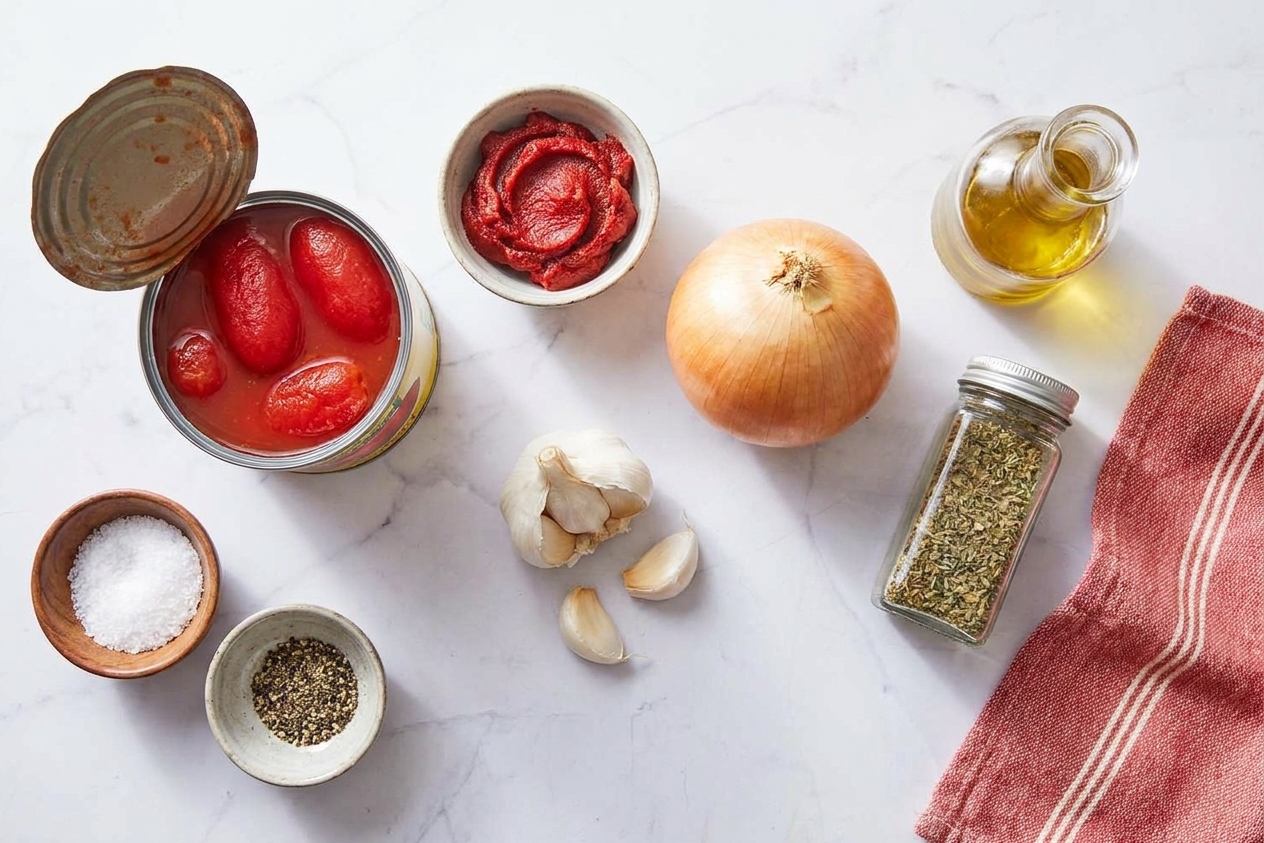 Canned tomatoes, tomato paste, onion, garlic, dried herbs, olive oil, and small bowls of salt and pepper arranged on a kitchen counter in natural light