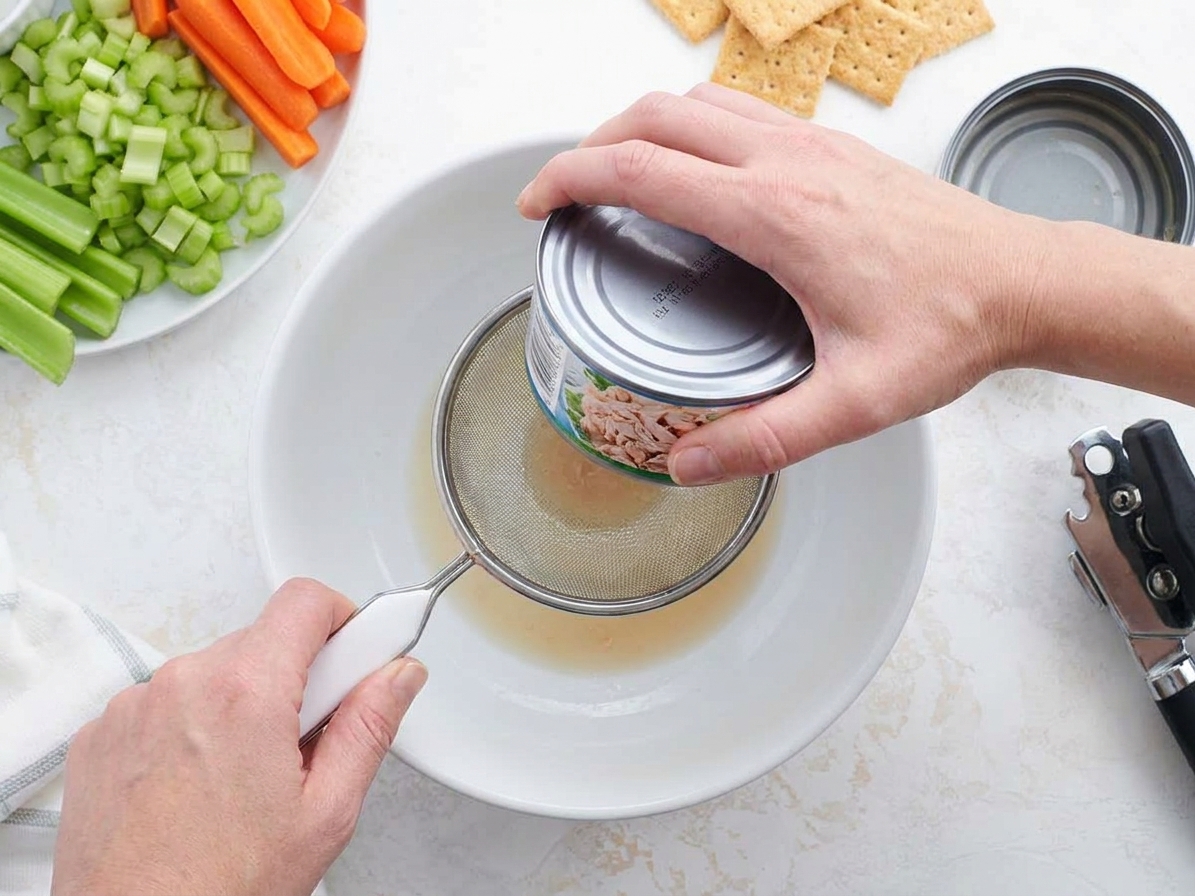 Canned tuna being pressed and drained thoroughly over a bowl before mixing