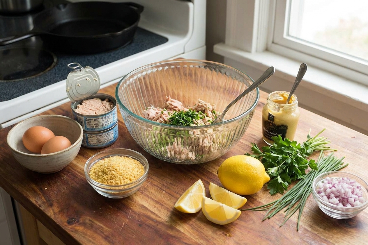 Canned tuna, breadcrumbs, eggs, Dijon mustard, lemon, herbs, and diced onion arranged on a clean kitchen counter with a mixing bowl