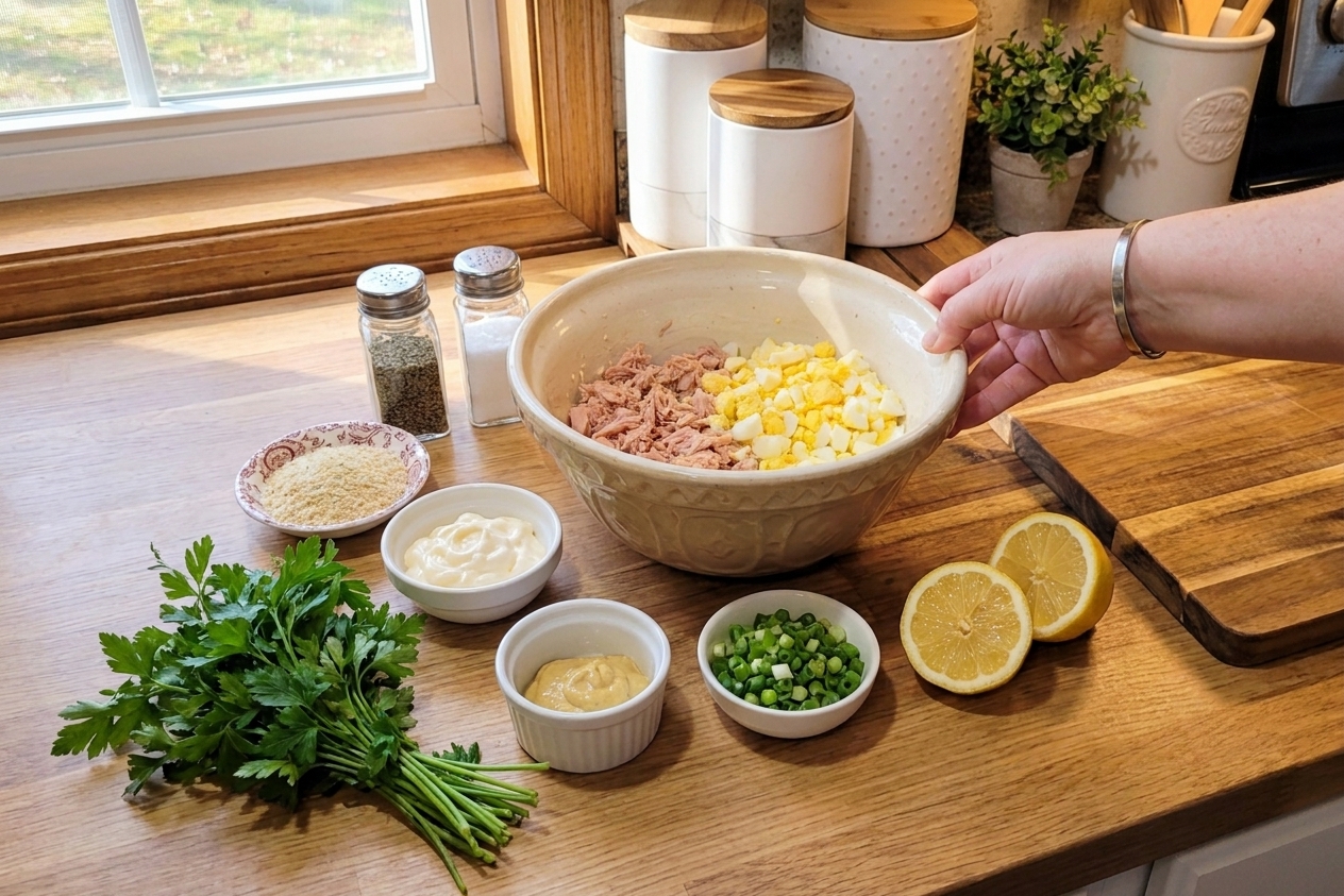 Canned tuna, eggs, mayonnaise, Dijon mustard, lemon, green onions, parsley, breadcrumbs, and seasonings arranged on a clean kitchen counter in warm natural light