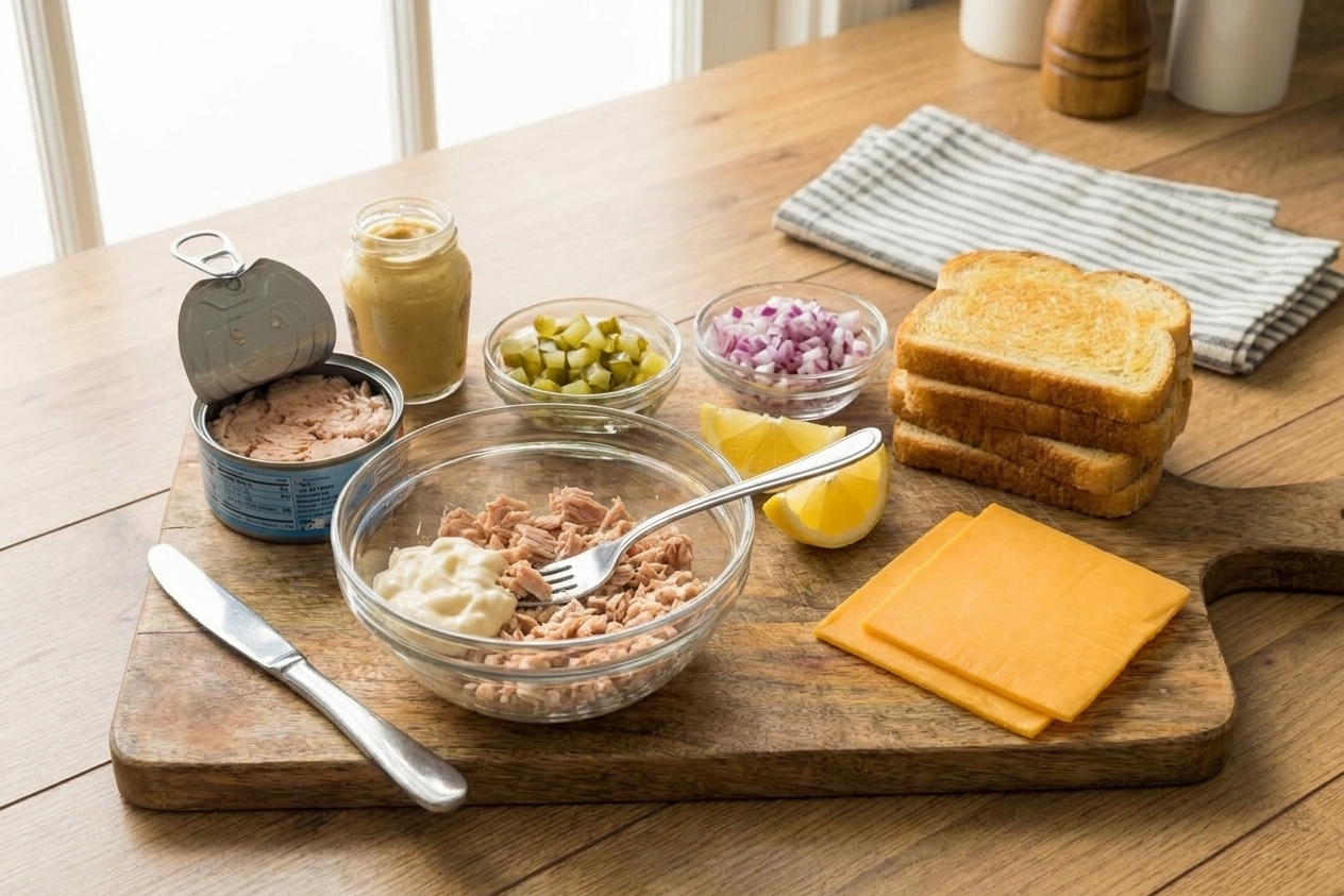 Canned tuna, mayonnaise, Dijon mustard, diced pickles, lemon, sliced cheddar, and sandwich bread arranged on a bright kitchen counter with a cutting board