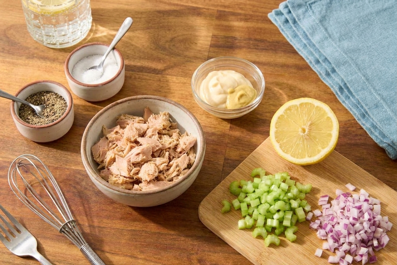Canned tuna, mayonnaise, Dijon mustard, lemon, celery, red onion, salt, and pepper arranged on a kitchen counter ready for tuna salad