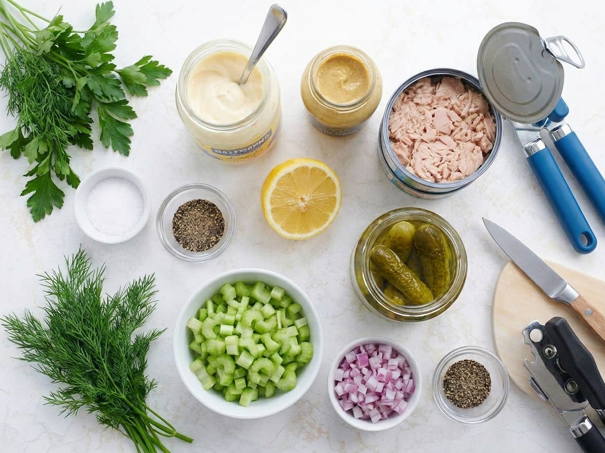 Canned tuna, mayonnaise, Dijon mustard, lemon, celery, red onion, dill pickles, salt, pepper, and fresh herbs laid out for tuna salad
