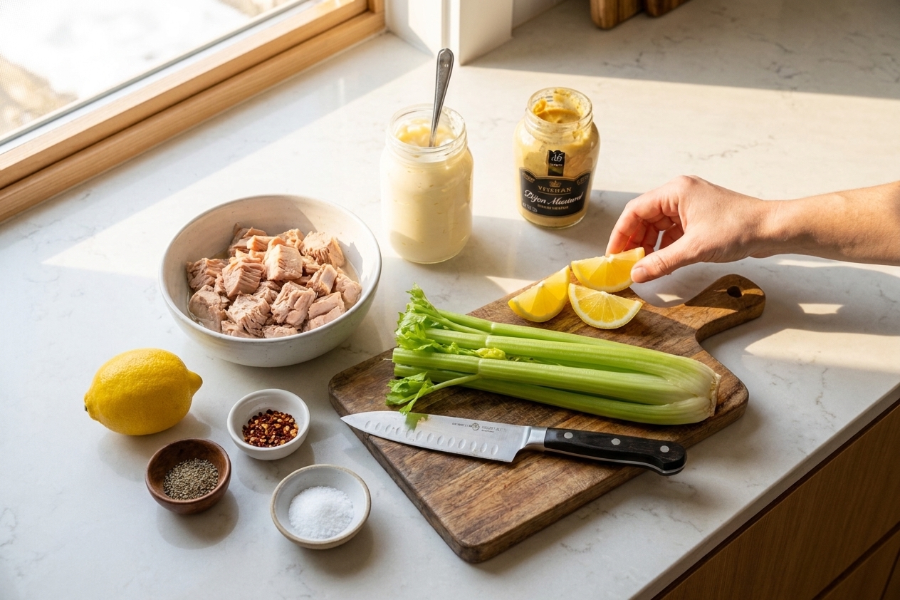 Canned tuna, mayonnaise, celery stalks, Dijon mustard, lemon, and seasonings arranged on a bright kitchen counter