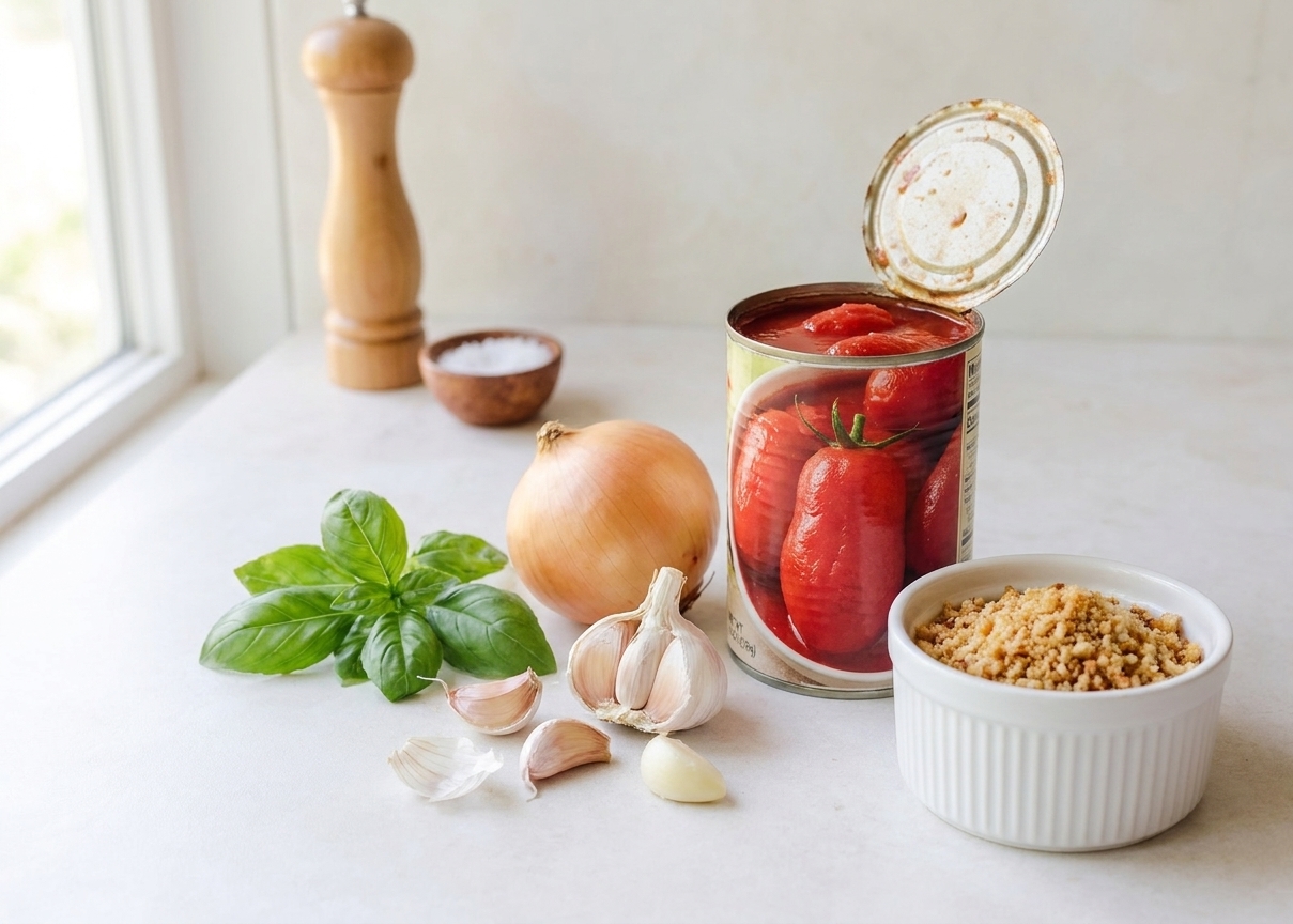 Canned whole tomatoes, a yellow onion, garlic cloves, basil, and a small bowl of breadcrumbs arranged on a clean kitchen counter in natural light