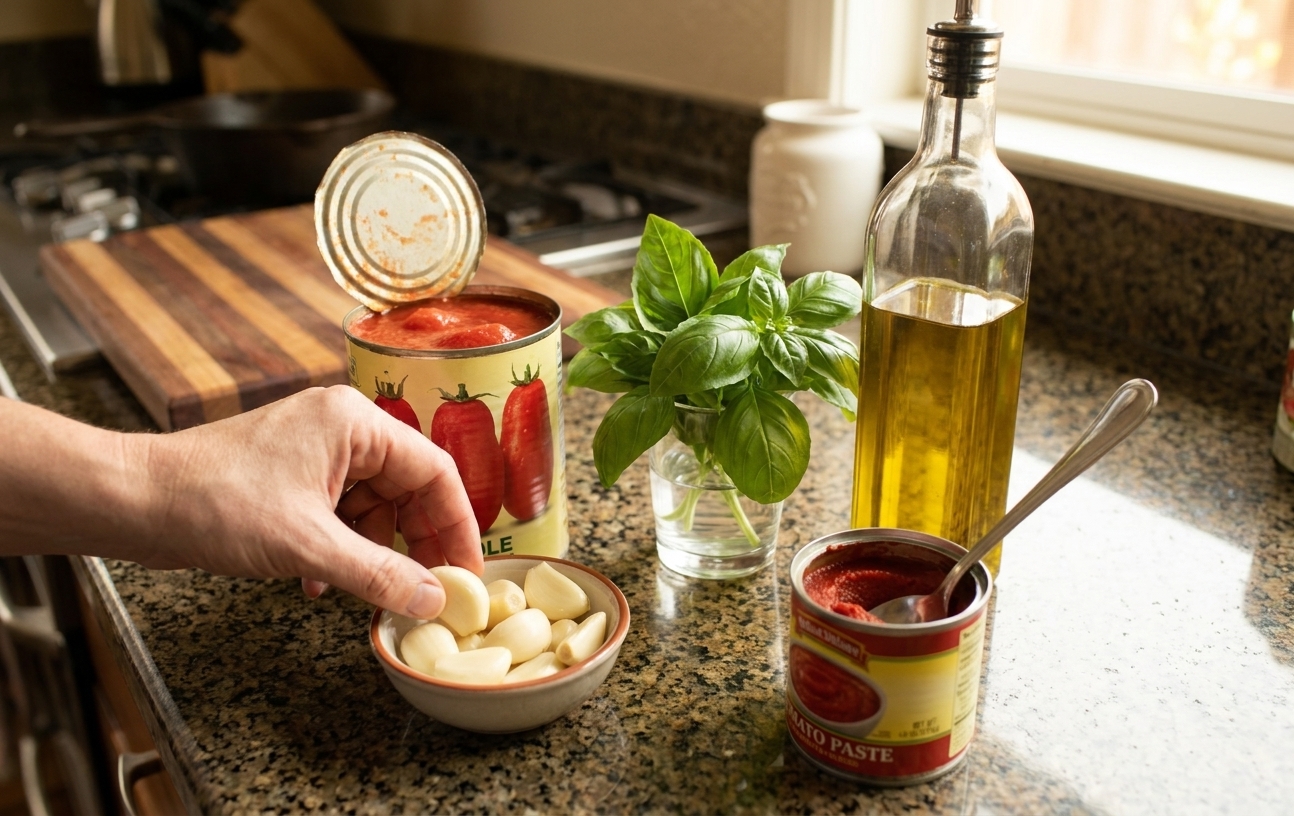 Canned whole tomatoes, garlic cloves, fresh basil, olive oil, and tomato paste arranged on a clean kitchen counter with warm natural light