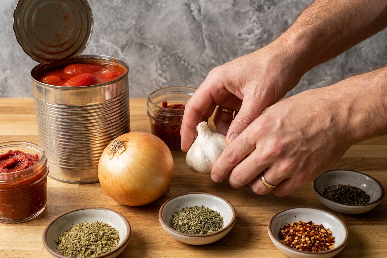 Canned whole tomatoes, onion, garlic, tomato paste, and spices arranged on a clean kitchen counter with consistent warm lighting