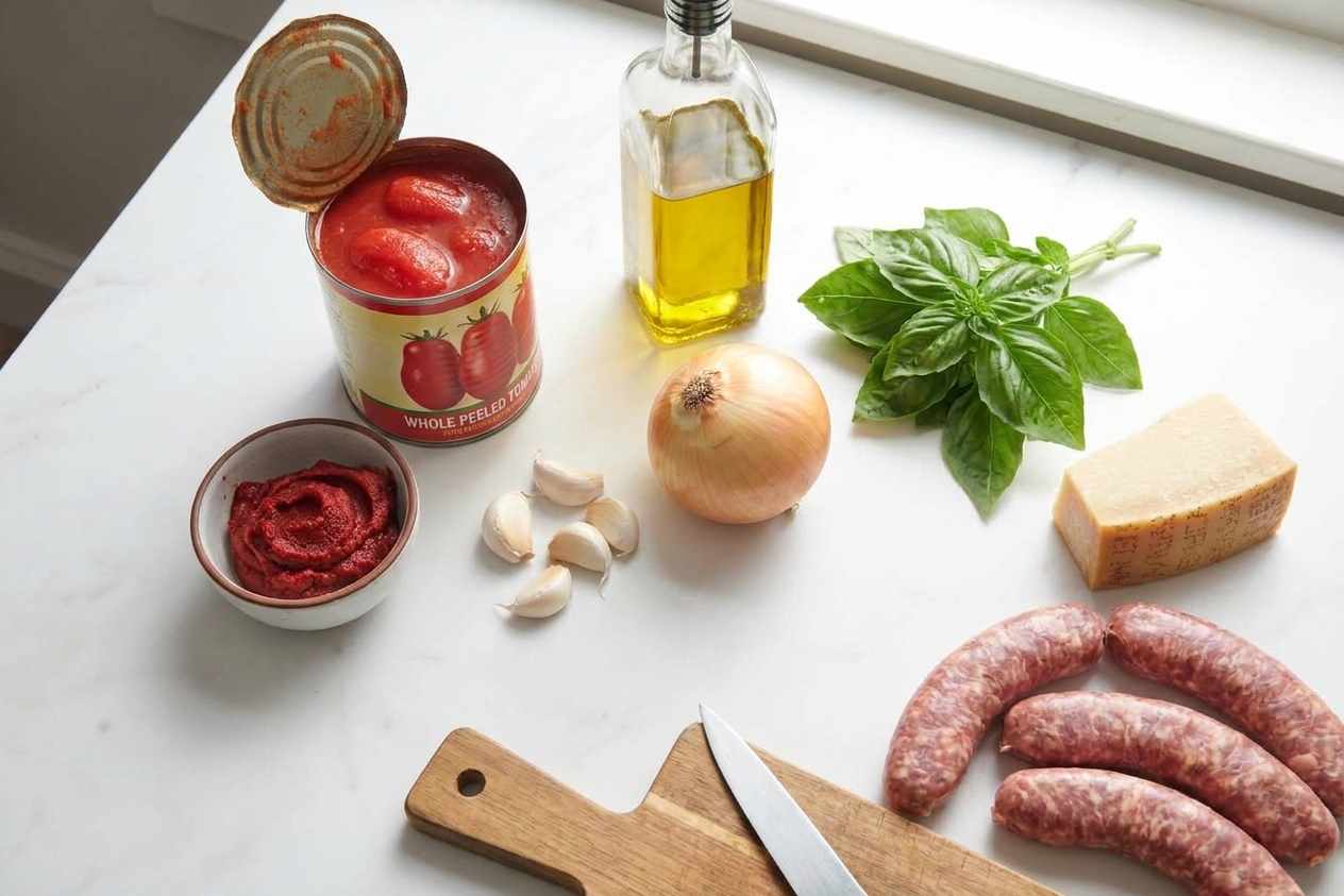 Canned whole tomatoes, tomato paste, garlic, onion, olive oil, basil, Parmesan rind, and Italian sausage arranged on a bright kitchen counter