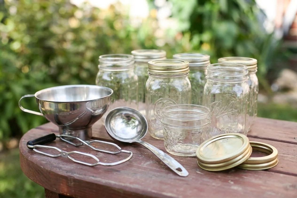 Canning funnel, jar lifter, ladle, clean canning jars, and new lids arranged on a counter