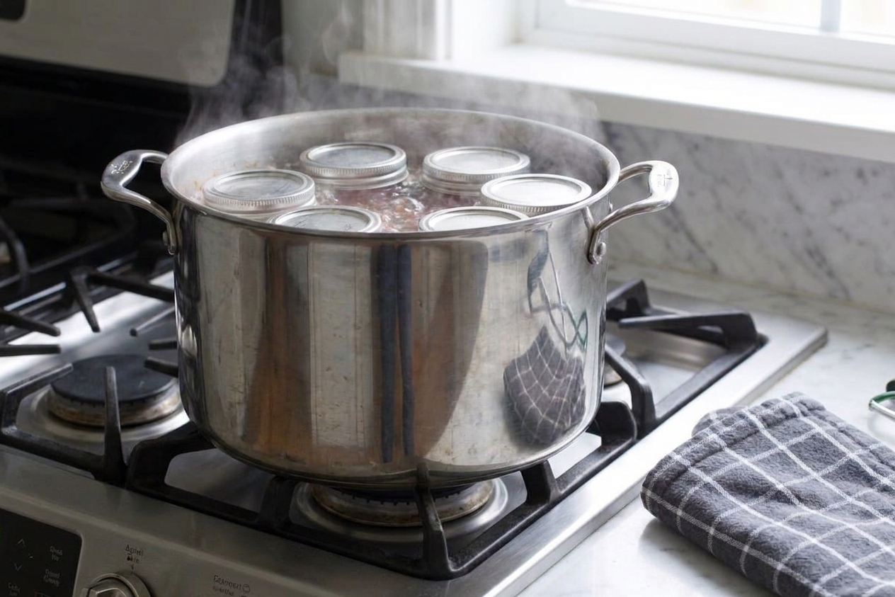 Canning jars submerged in a boiling water bath canner with steam rising